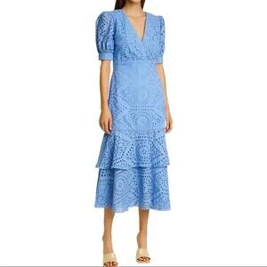 Lorane NWT Blue Laise Lace Eyelet Tiered Ruffle Short Sleeve Midi Dress Size XS